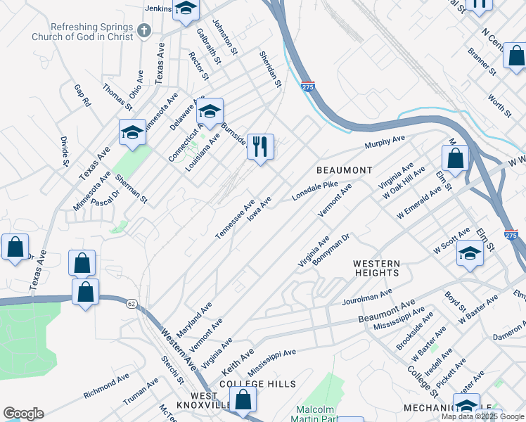 map of restaurants, bars, coffee shops, grocery stores, and more near 1525 Massachusetts Avenue in Knoxville