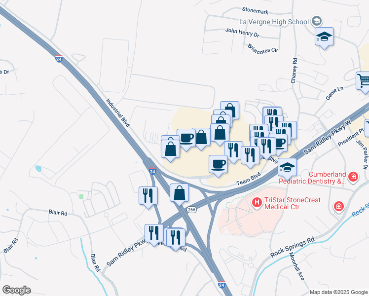 map of restaurants, bars, coffee shops, grocery stores, and more near 803 Industrial Boulevard in Smyrna
