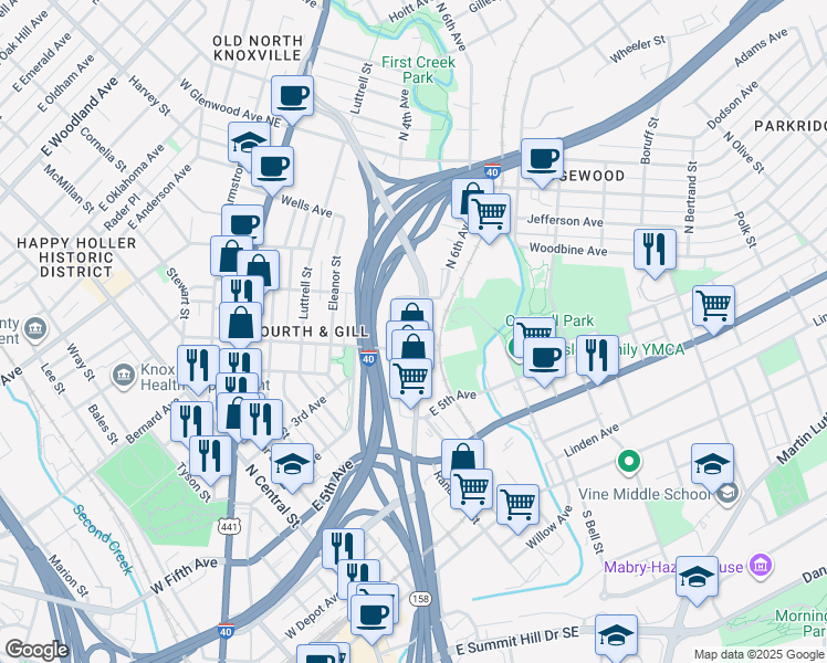 map of restaurants, bars, coffee shops, grocery stores, and more near 812 Hall of Fame Drive in Knoxville