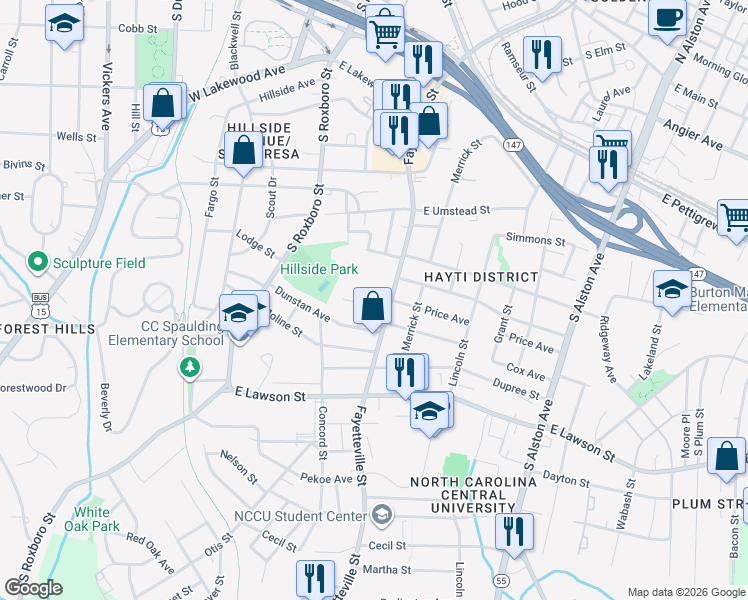 map of restaurants, bars, coffee shops, grocery stores, and more near 421 Price Avenue in Durham
