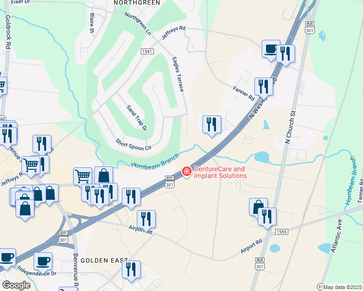 map of restaurants, bars, coffee shops, grocery stores, and more near 604 Eagles Terrace in Rocky Mount