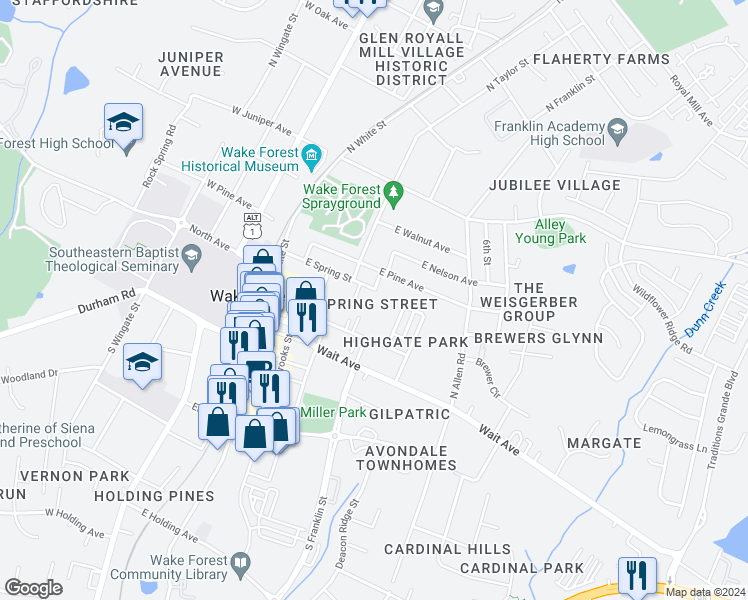 map of restaurants, bars, coffee shops, grocery stores, and more near 424 East Spring Street in Wake Forest