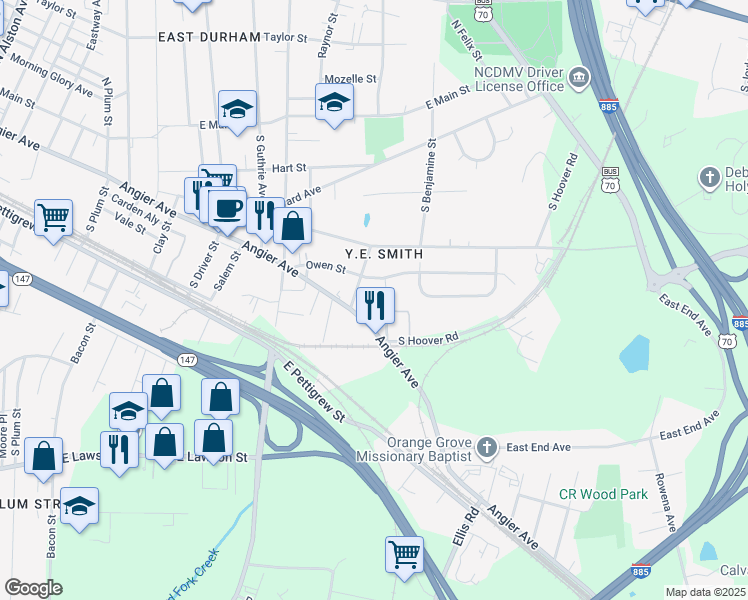map of restaurants, bars, coffee shops, grocery stores, and more near 2603 Owen Street in Durham