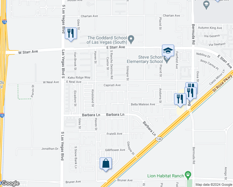 map of restaurants, bars, coffee shops, grocery stores, and more near 11567 Rossovino Street in Las Vegas