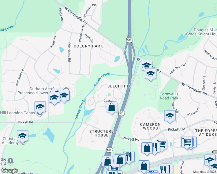 map of restaurants, bars, coffee shops, grocery stores, and more near 61 Stoneridge Road in Durham