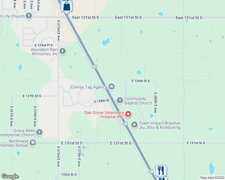 map of restaurants, bars, coffee shops, grocery stores, and more near 12641 Oklahoma 51 in Coweta