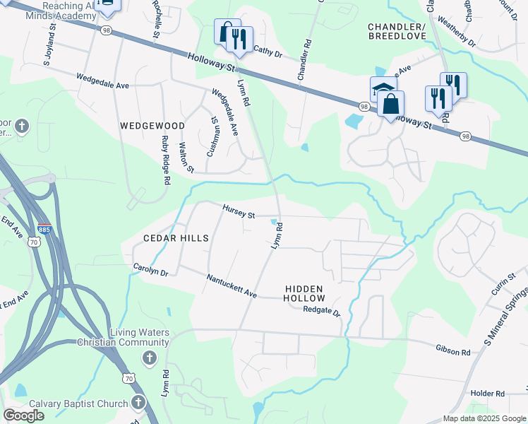 map of restaurants, bars, coffee shops, grocery stores, and more near 3111 Hursey Street in Durham