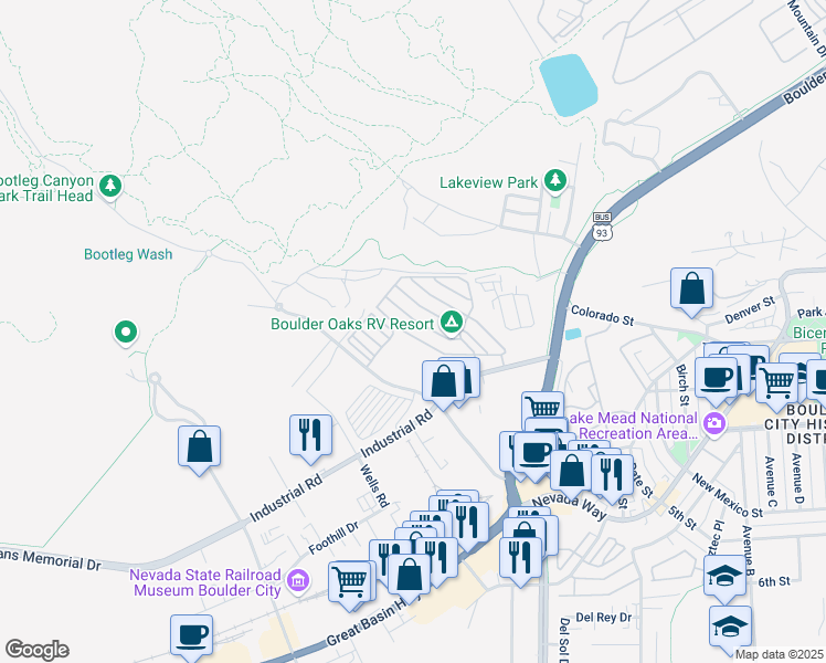 map of restaurants, bars, coffee shops, grocery stores, and more near 861 Oriole Way in Boulder City