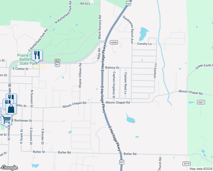 map of restaurants, bars, coffee shops, grocery stores, and more near 611 Captain Stockton Street in Prairie Grove