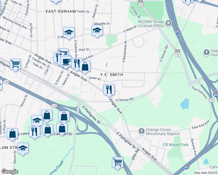map of restaurants, bars, coffee shops, grocery stores, and more near 2603 Owen Street in Durham
