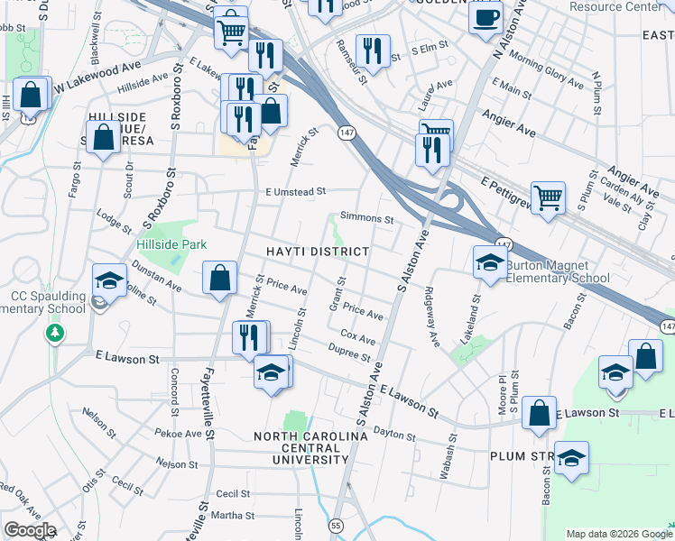 map of restaurants, bars, coffee shops, grocery stores, and more near in Durham