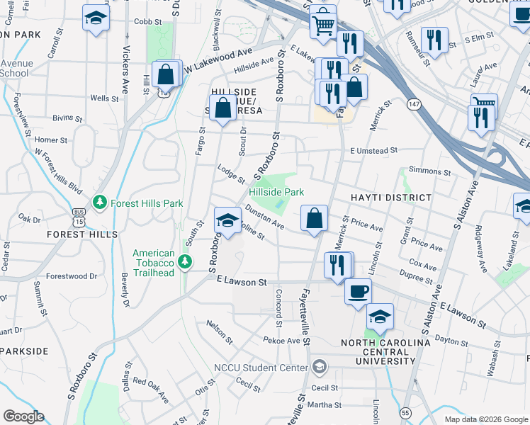 map of restaurants, bars, coffee shops, grocery stores, and more near 1221 Sawyer Street in Durham