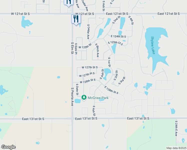 map of restaurants, bars, coffee shops, grocery stores, and more near 12708 South Birch Place in Jenks