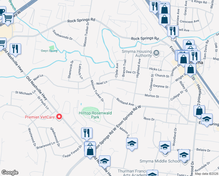map of restaurants, bars, coffee shops, grocery stores, and more near 121 Noel Lane in Smyrna