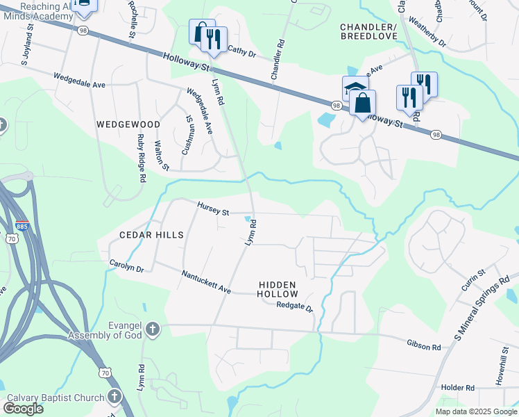 map of restaurants, bars, coffee shops, grocery stores, and more near 3203 Hursey Street in Durham