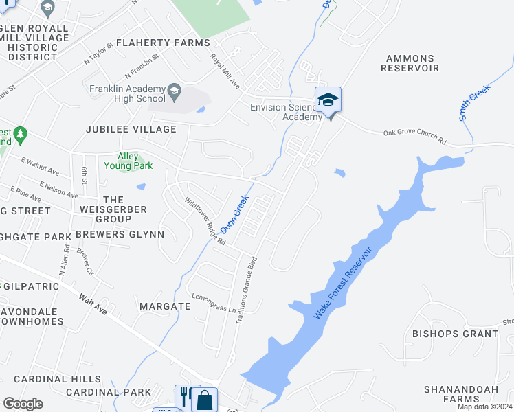 map of restaurants, bars, coffee shops, grocery stores, and more near 1005 Morningside Creek Way in Wake Forest