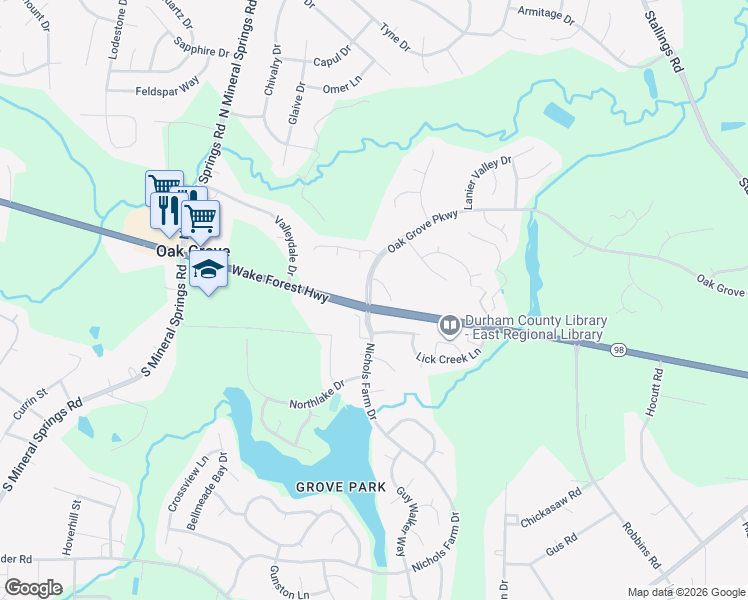 map of restaurants, bars, coffee shops, grocery stores, and more near 102 Oak Grove Parkway in Durham