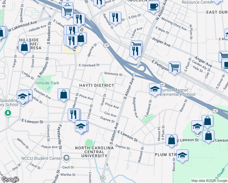 map of restaurants, bars, coffee shops, grocery stores, and more near 1000 Linwood Avenue in Durham