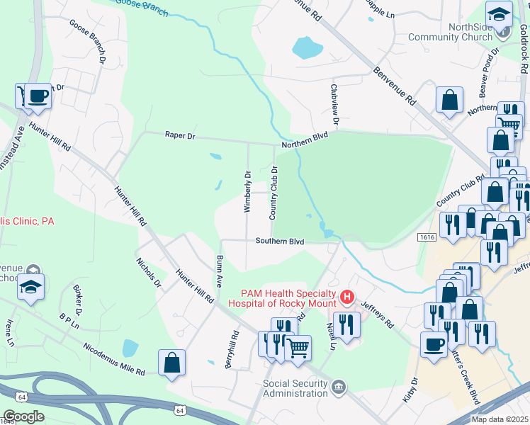 map of restaurants, bars, coffee shops, grocery stores, and more near Country Club Drive in Rocky Mount
