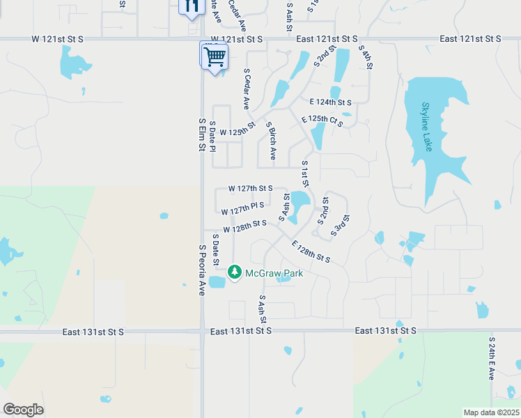 map of restaurants, bars, coffee shops, grocery stores, and more near 12708 South Birch Place in Jenks