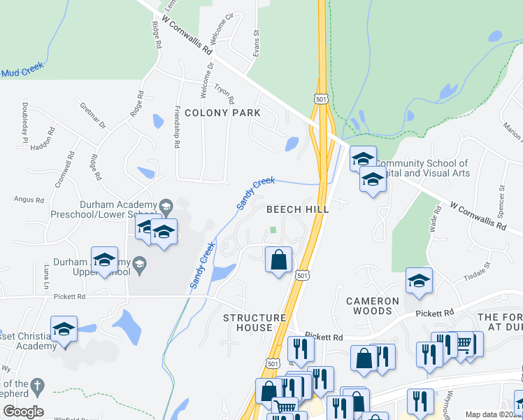 map of restaurants, bars, coffee shops, grocery stores, and more near 48 Stoneridge Road in Durham