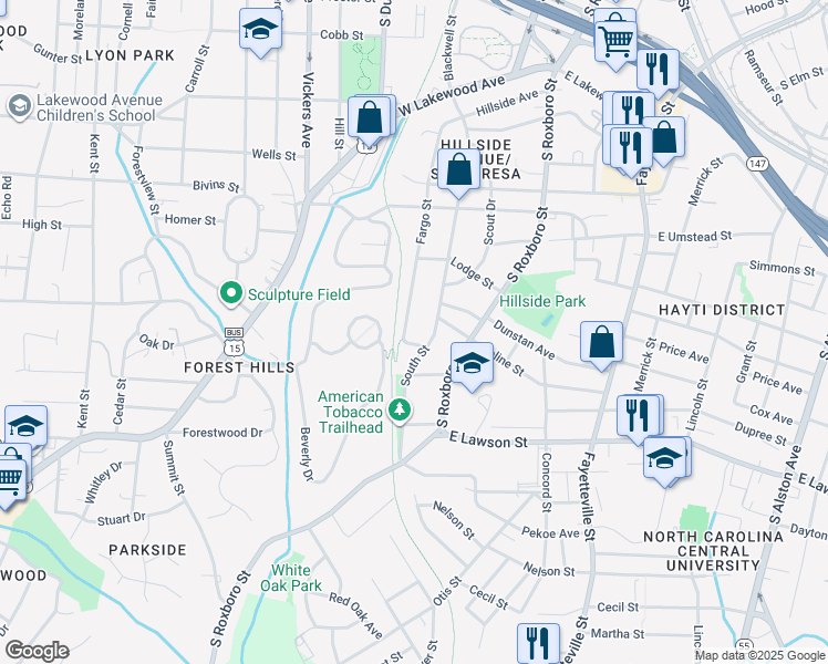 map of restaurants, bars, coffee shops, grocery stores, and more near 1312 South Street in Durham