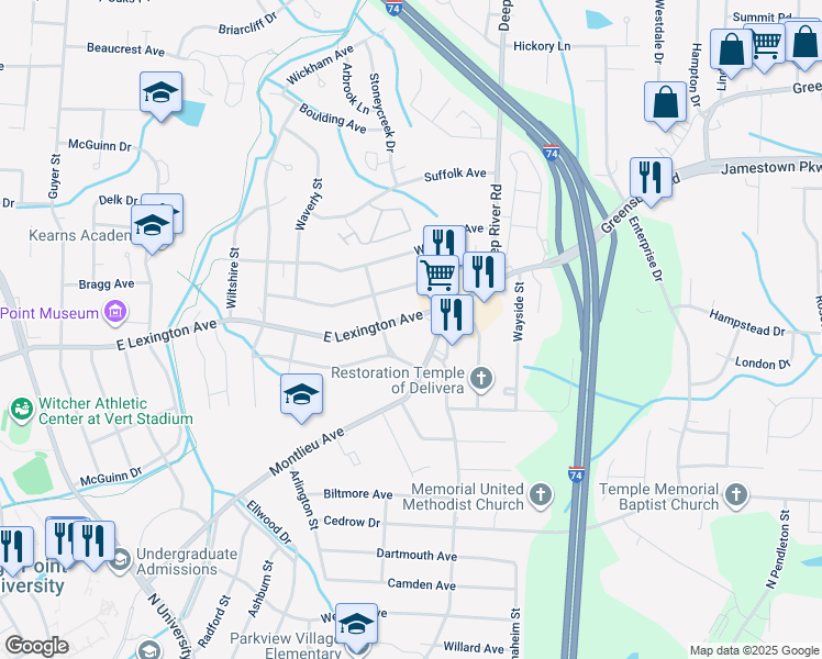 map of restaurants, bars, coffee shops, grocery stores, and more near 2507 East Lexington Avenue in High Point