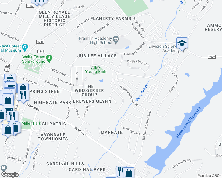 map of restaurants, bars, coffee shops, grocery stores, and more near 924 Woodland Grove Way in Wake Forest