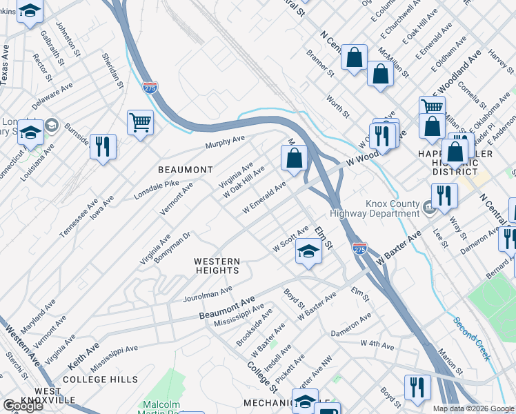 map of restaurants, bars, coffee shops, grocery stores, and more near 827 West Emerald Avenue in Knoxville