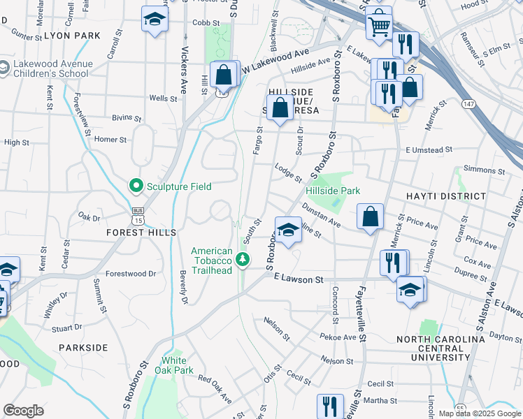 map of restaurants, bars, coffee shops, grocery stores, and more near 1312 South Street in Durham