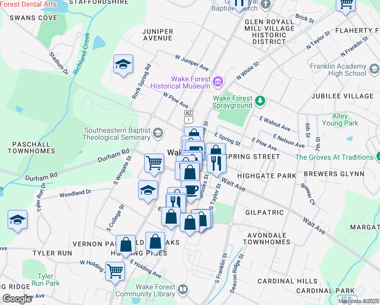map of restaurants, bars, coffee shops, grocery stores, and more near in Wake Forest