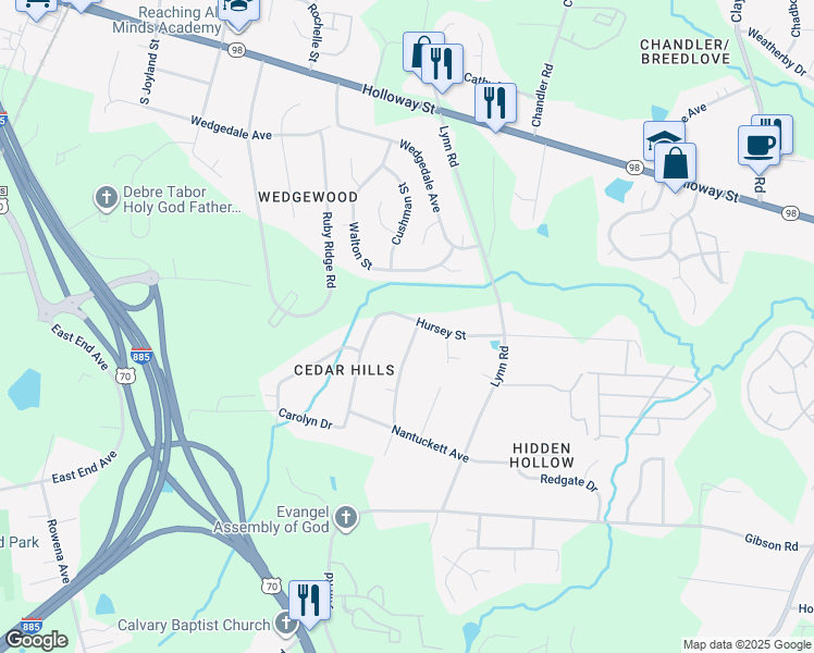map of restaurants, bars, coffee shops, grocery stores, and more near 604 Lindley Drive in Durham