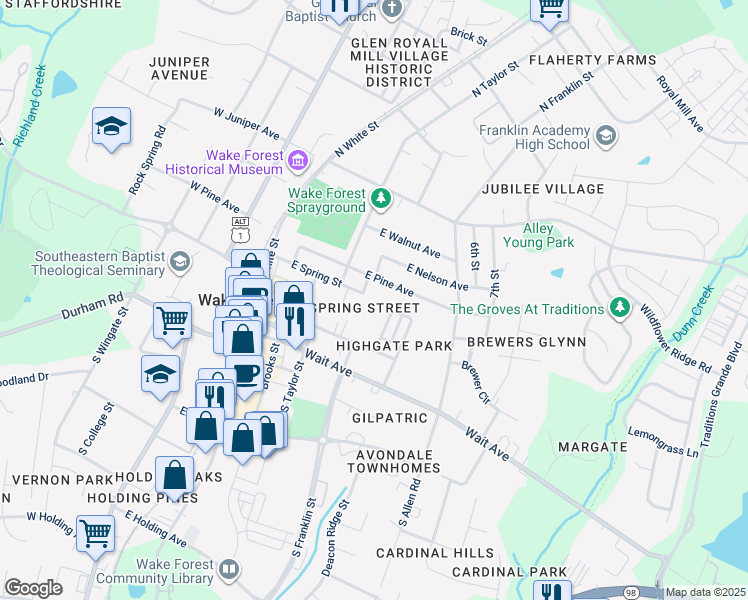 map of restaurants, bars, coffee shops, grocery stores, and more near 200 North Franklin Street in Wake Forest