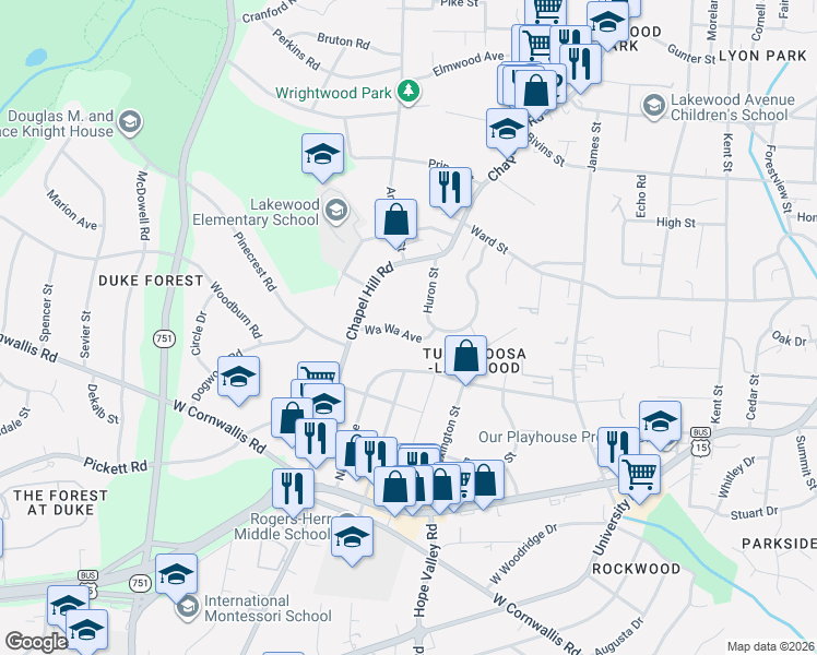 map of restaurants, bars, coffee shops, grocery stores, and more near 107 Hiawatha Avenue in Durham
