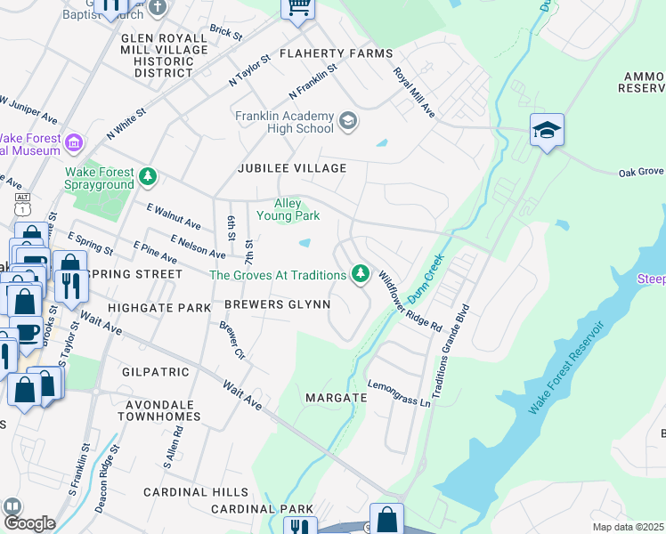map of restaurants, bars, coffee shops, grocery stores, and more near 924 Woodland Grove Way in Wake Forest