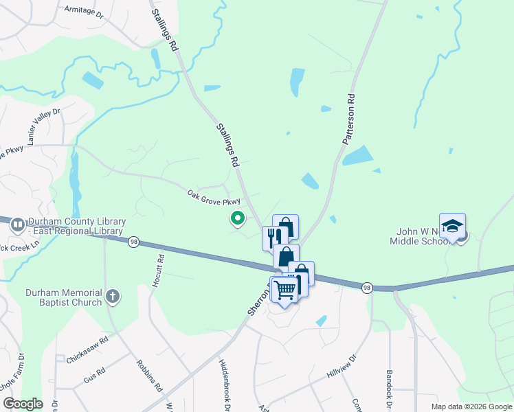 map of restaurants, bars, coffee shops, grocery stores, and more near 226 Stallings Road in Durham