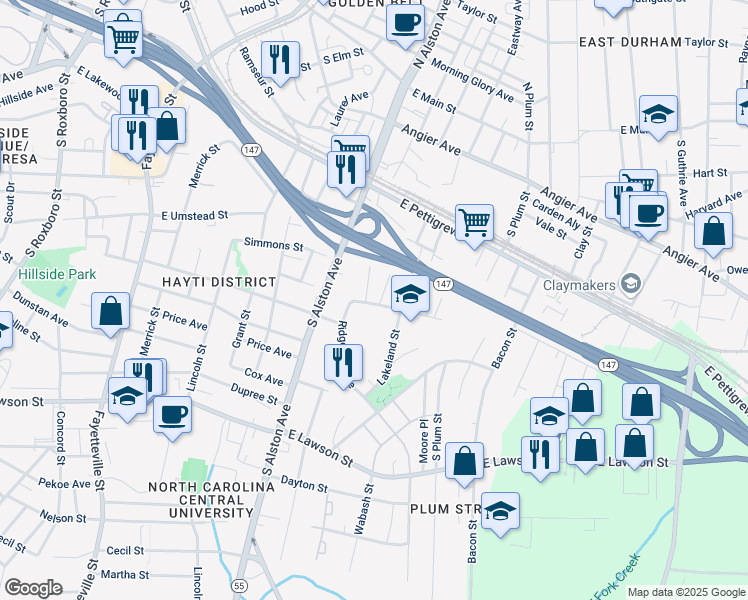 map of restaurants, bars, coffee shops, grocery stores, and more near 427 Potter Street in Durham