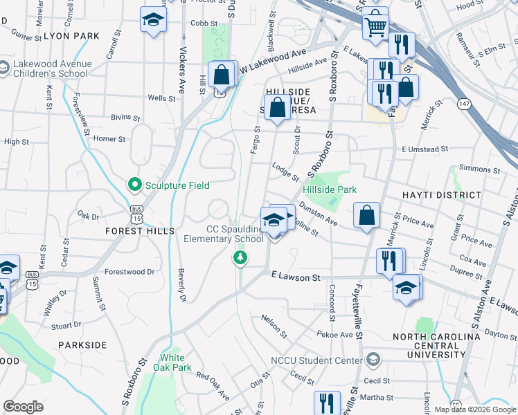 map of restaurants, bars, coffee shops, grocery stores, and more near 1312 South Street in Durham