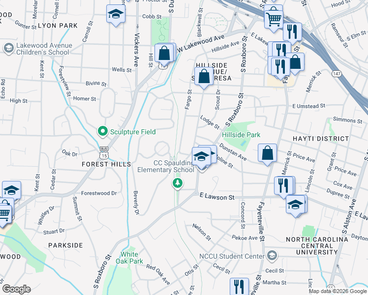map of restaurants, bars, coffee shops, grocery stores, and more near 1312 South Street in Durham