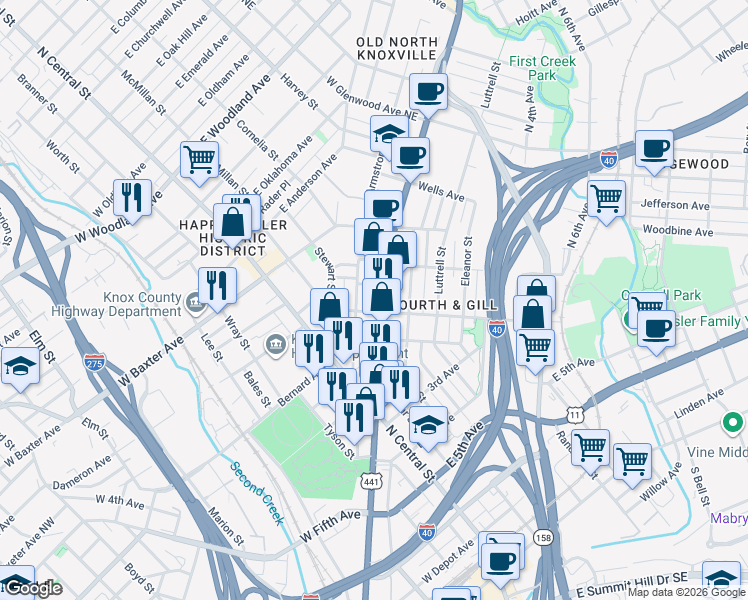 map of restaurants, bars, coffee shops, grocery stores, and more near 1621 Jourolman Avenue in Knoxville