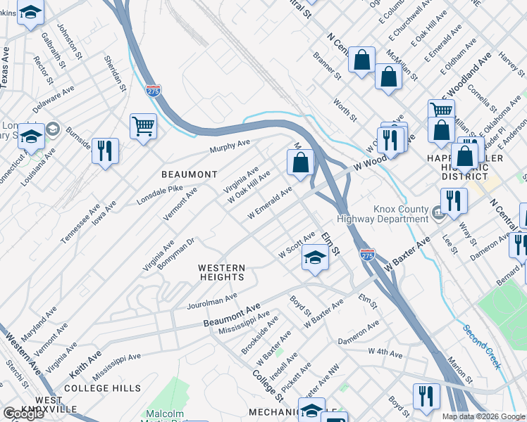 map of restaurants, bars, coffee shops, grocery stores, and more near 827 West Emerald Avenue in Knoxville