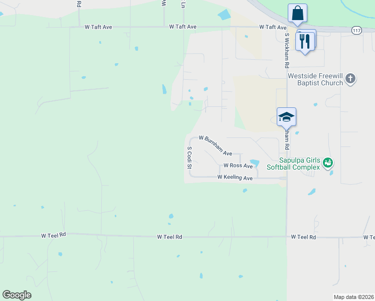 map of restaurants, bars, coffee shops, grocery stores, and more near 1580 South Codi Street in Sapulpa