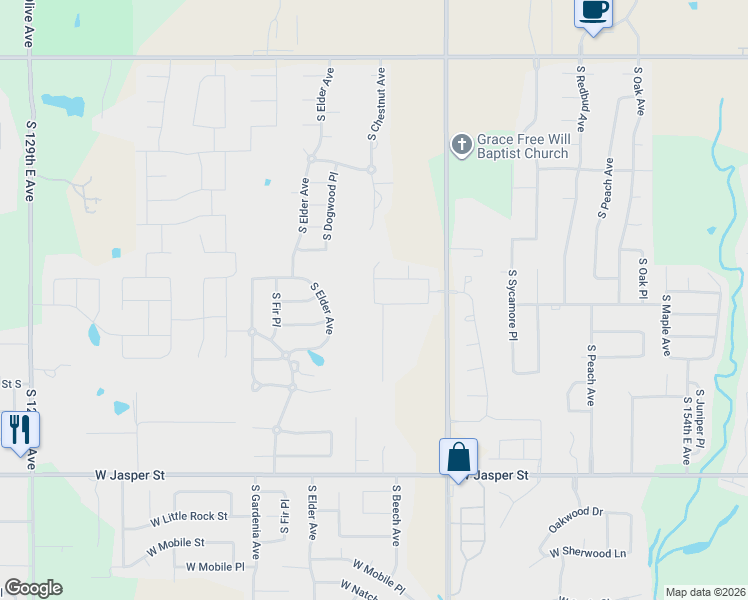 map of restaurants, bars, coffee shops, grocery stores, and more near 7906 South Chestnut Avenue in Broken Arrow
