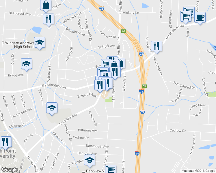 map of restaurants, bars, coffee shops, grocery stores, and more near 1144 5 Points Pl in High Point