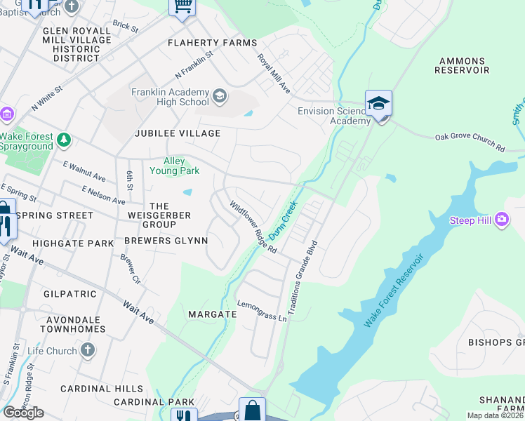 map of restaurants, bars, coffee shops, grocery stores, and more near 501 Gray Wolf Court in Wake Forest