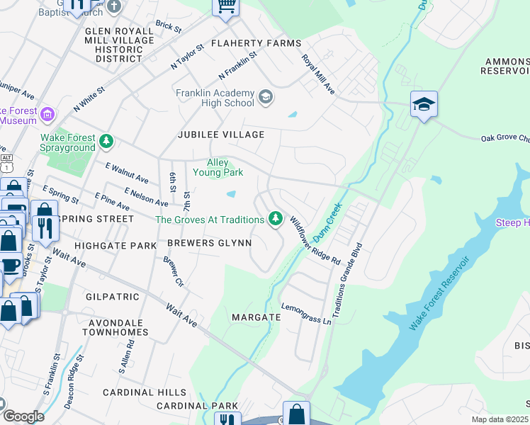 map of restaurants, bars, coffee shops, grocery stores, and more near 925 Woodland Grove Way in Wake Forest