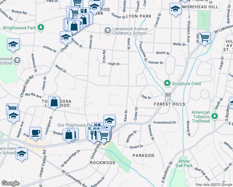 map of restaurants, bars, coffee shops, grocery stores, and more near 1600 Cliff Street in Durham