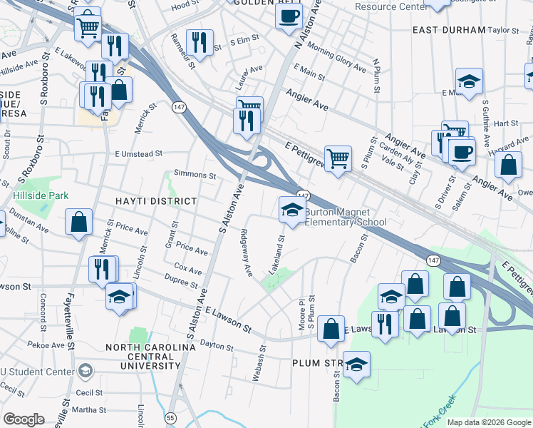 map of restaurants, bars, coffee shops, grocery stores, and more near 427 Potter Street in Durham