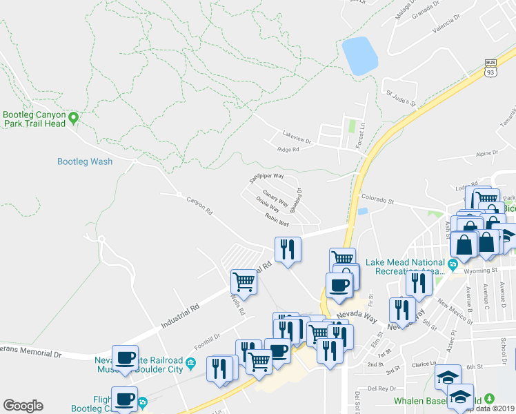 map of restaurants, bars, coffee shops, grocery stores, and more near 849 Robin Way in Boulder City