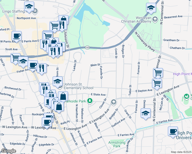 map of restaurants, bars, coffee shops, grocery stores, and more near 506 Marion Court in High Point